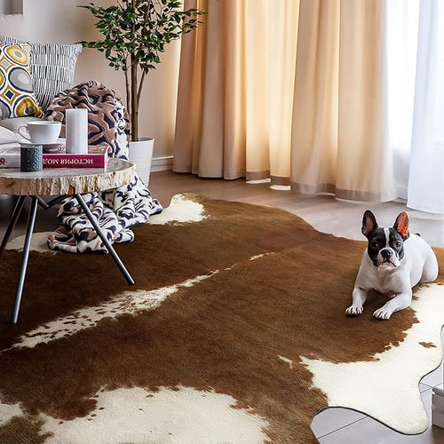 AROGAN Premium Faux Cowhide Rug 6.2 x 5.2 Feet, Sturdy and Large Size Cow Print Rugs, Suitable for Bedroom Living Room Western Decor, Faux Fur Animal Cow Hide Carpet, Brown