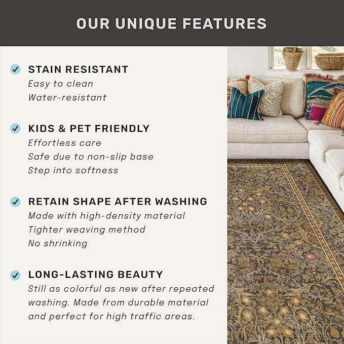 Dining Room Rugs for Under Table - 5x8 Washable Brown Oriental Area Rug for Living Room, Low Pile Non-Slip Floor Carpet for Bedroom - Vintage Design & Stain Resistance