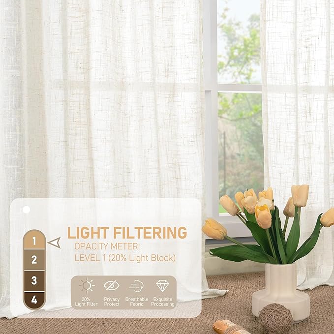LAMIT Cream Linen Curtains 40 Inch for Small Window, Light Filtering Neutral Semi Sheer Window Boho Curtains Back Tab and Rod Pocket Panels for Kitchen/Living Room, 2 Panels, 34 x 40 Inch