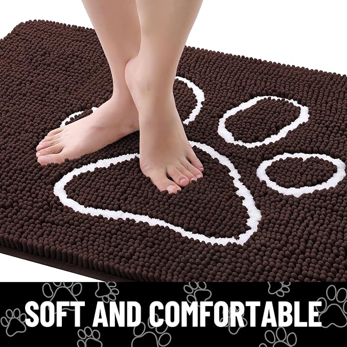 Smiry Dog Door Mat for Muddy Paws, Absorbent Dirt Trapper Non Slip Quick Dry Washable Chenille Mat for Mud Dogs, Entry Rug for Indoor and Outdoor (54x32 Inches, Brown and White)