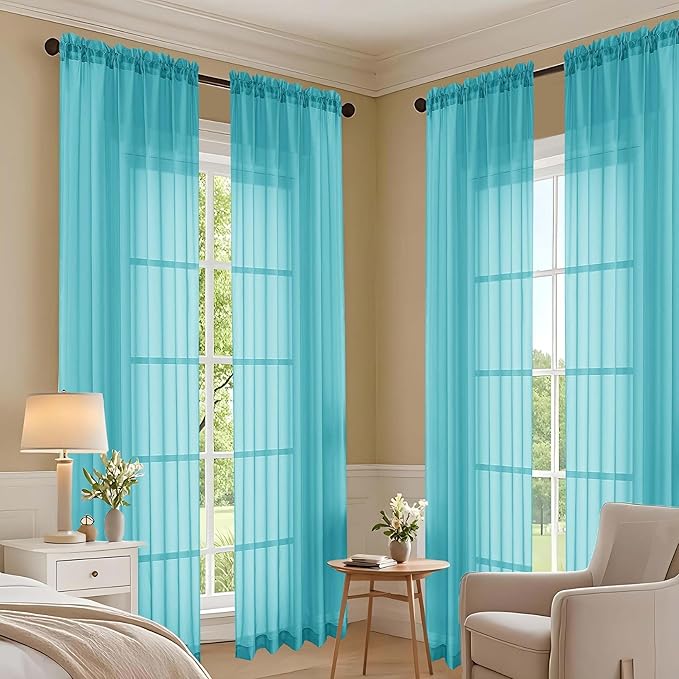 OVZME Sheer Turquoise Curtains 108 Inches Long 2 Panels Set, 59 Inch Extra Wide Lightweight Airy Turquoise Sheer Curtain for Living Room Bedroom, Filmy Voile Rod Pocket, 59Wx108L Inches