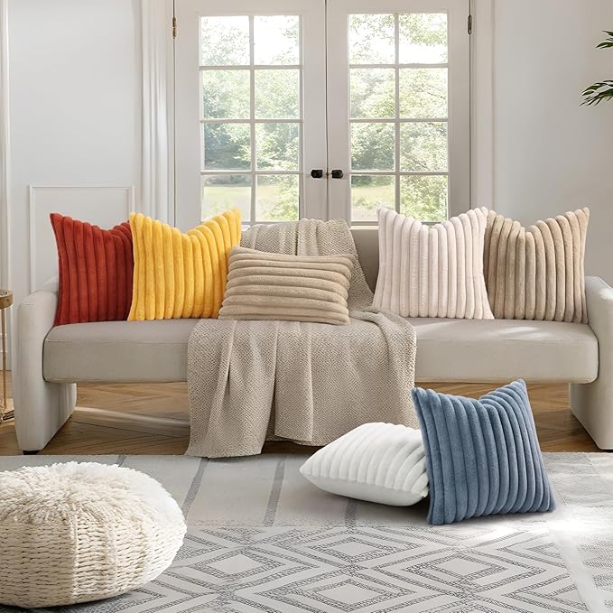 decorUhome Summer Cozy Faux Fur Throw Pillow Covers 22x22 Set of 2 Decorative Plush Striped Modern Farmhouse Boho Couch Euro Sham Pillow Cases with Velvet Back for Sofa Bed Living Room, Cream White