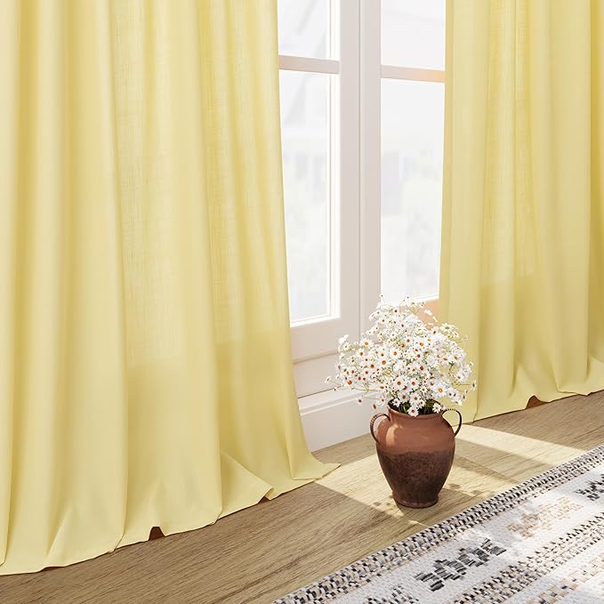 Yellow Linen Semi Sheer Curtains 120 Inches Long 2 Panels Set Back Tab Loop Pocket Linen Blend Boho Decor Large Window Curtain Extra Long Light Filtering Drapes High Ceiling for Living Room 52x120