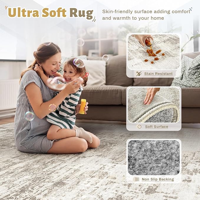 XLUEZ 8x10 Area Rugs for Living Room, Washable Modern Abstract Large Area Rug Neutral Soft Non Slip Kids Rug Stain Resistant Indoor Carpet for Bedroom Nursery Dining Room Playroom(BeigeBrown, 8'x10')