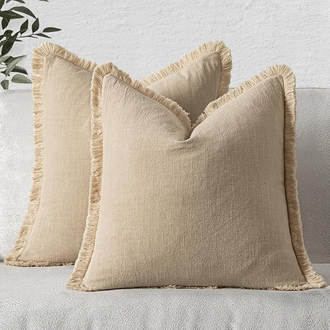 MIULEE Decorative Throw Pillow Covers Neutral Linen Fringe Throw Pillows Euro Shams Set of 2 Beige Boho Farmhouse Cushion Covers for Couch Sofa Bed Living Room Spring Home Decor 22x22 Inch