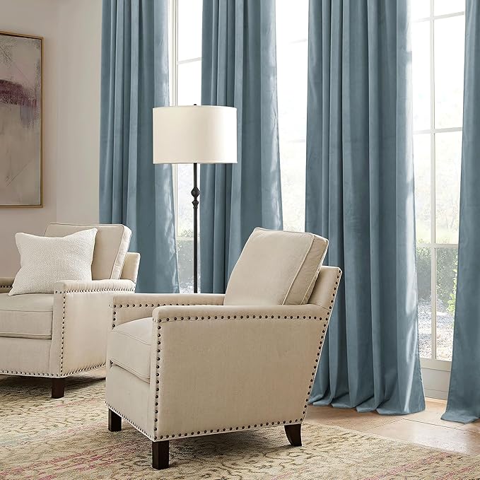 RYB HOME Stone Blue Velvet Curtains 84 inches with Hook Belt, Soft Fabric Room Darkening Thermal Insulated Luxurious Home Decor Curtains for Living Room Bedroom, W 42" x L 84", 2 Panels Set