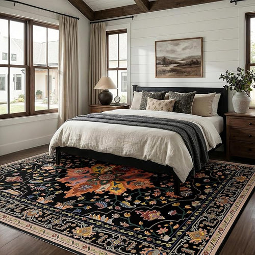 Area Rugs 7'x9' Washable Non-Slip, Floral Vintage Distress Print Pattern Medallion Carpet for Living Room Bedroom Dining Room, Black Colorful Floral Dark Tan