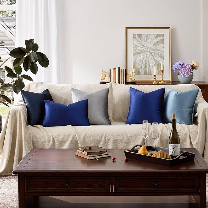 GIGIZAZA Blue Decorative Velvet Pillow Covers, 16x16 Small Square Couch Throw Pillows Solid Pillowcases for Bedroom Set of 2 Home Decor Living Room Super Soft Cushion Covers