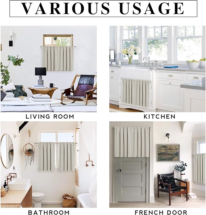 RYB HOME Short Curtains for Bedroom, Room Darkening Insulated Summer Heat Light UV Blocking Energy Saving Drapes for Nursery, Width 34 by Length 48, Natural, Set of 2