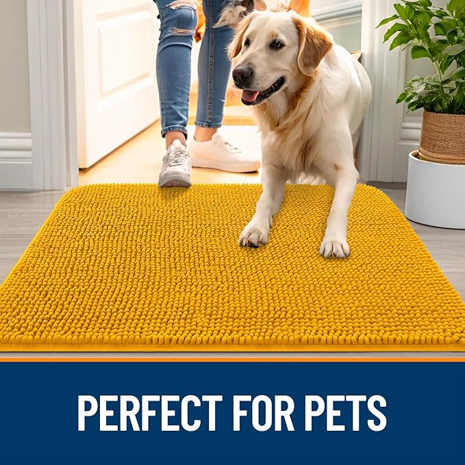 OLANLY Dog Door Mat for Muddy Paws 35x24, Absorbs Moisture and Dirt, Absorbent Non-Slip Washable Doormat, Quick Dry Chenille Mud Mat, Entry Indoor Entryway Carpet for Inside Floor, Golden Yellow