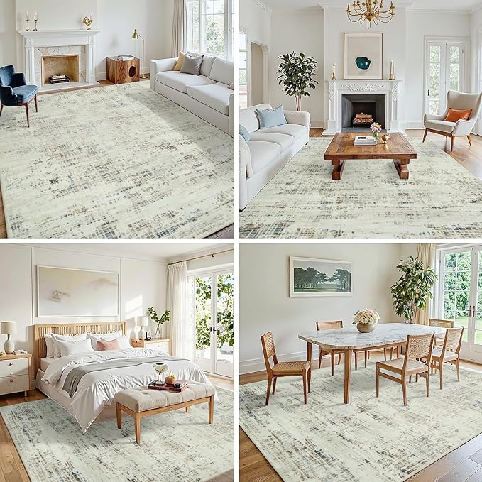 10x14 Area Rugs for Living Room Washable Rug: Anti-Skid Abstract Modern Living Room Rug Soft Thin Carpets Indoor Floor Non-Shedding Carpet for Bedroom Dining Farmhouse Nursery Gray White Blue