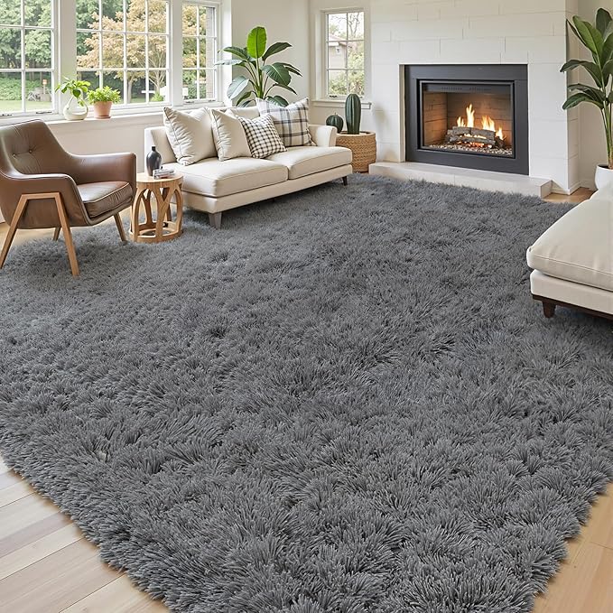 Area Rugs 9x12 Living Room, Large Area Rug Shag Shaggy Carpet Soft Plush Furry Bedside Rug, Machine Washable Area Rugs for Bedroom Kids Girls Boys Home Decor Anti Slip(9 x 12, Dark Grey)