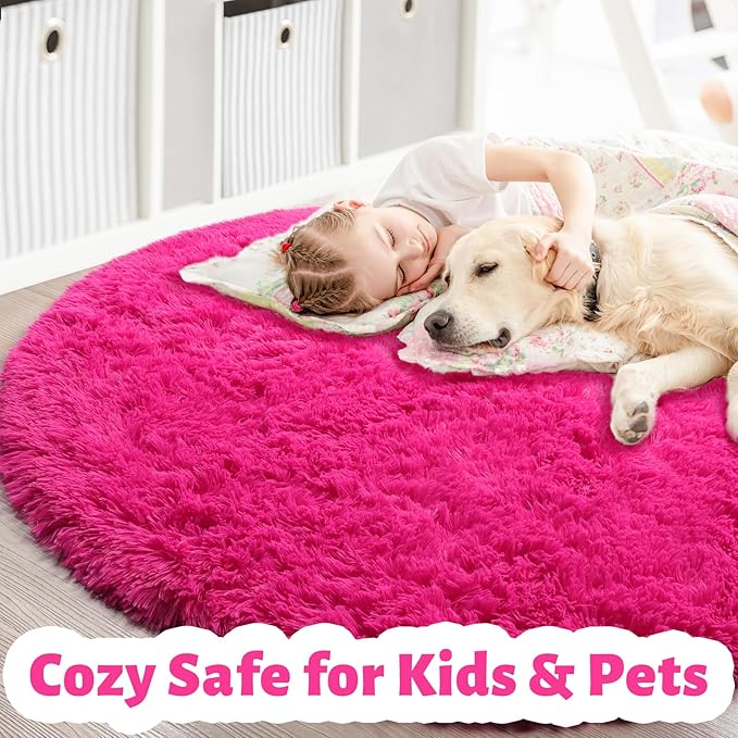 Hot Pink Round Circle Rug 6Ft for Girls Bedroom, Big Fluffy Area Rugs for Kids Room Decor Aesthetic, Shag Plush Fuzzy Furry Carpet for Living Room Nursery Dorm Classroom, Cute Teen Baby Preppy Rug