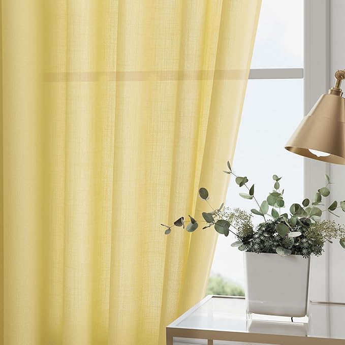 Yellow Linen Curtains 63 Inches Long for Bedroom Back Tab Light Filtering Privacy Sheer Curtains Modern Farmhouse Coastal Decor Yellow Cotton Textured Gauze Curtain for Bathroom 2 Panel Set 52x63