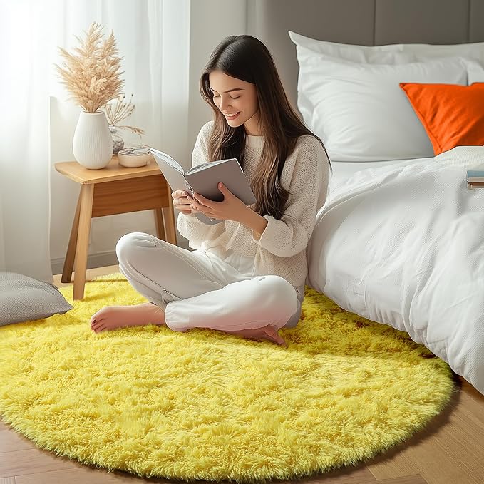 ONASAR Yellow Round Rugs 5ft for Bedroom Living Room, Fluffy Circle Area Rug for Kids Girls Boys Teen, Soft Plush Shaggy Carpet for Nursery Dorm Classroom Playroom Home Decor Aesthetic