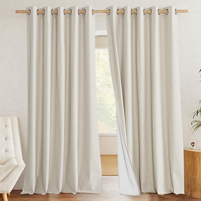 NICETOWN Extra Long Natural Linen 100% Blackout Curtains 120 inches Length 2 Panels Set with Thermal Insulated Liners, 62" Width, Farmhouse Style Window Draperies for Patio Sliding Glass Door
