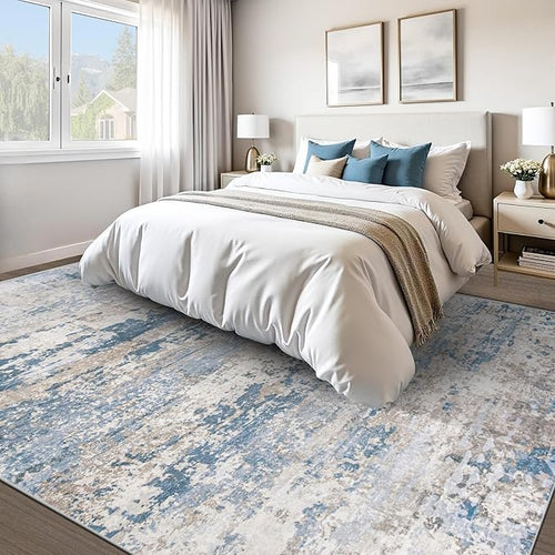 Area Rugs 8x10 for Living Room: Washable Rug Modern Abstract Neutral Soft Non-Slip Low-Pile Indoor Large Carpet for Bedroom Dining Room Playroom Home Office (Light Blue Brown, 8'x10')