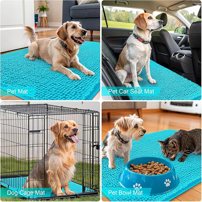 OLANLY Dog Door Mat for Muddy Paws 44x32, Absorbs Moisture and Dirt, Absorbent Non-Slip Washable Doormat, Quick Dry Chenille Mud Mat for Dogs, Entry Indoor Entryway Carpet for Inside Floor, Aqua Blue