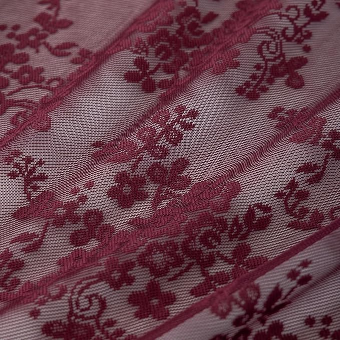 YJ YANJUN Vintage Lace Curtains 54 Inch Length-Victorian Floral Pattern Red Burgundy Short Sheer Curtain Panels for Kitchen Garage, Embroidery Light Filtering, Christmas Drapes 2 Panels 52W x 54L