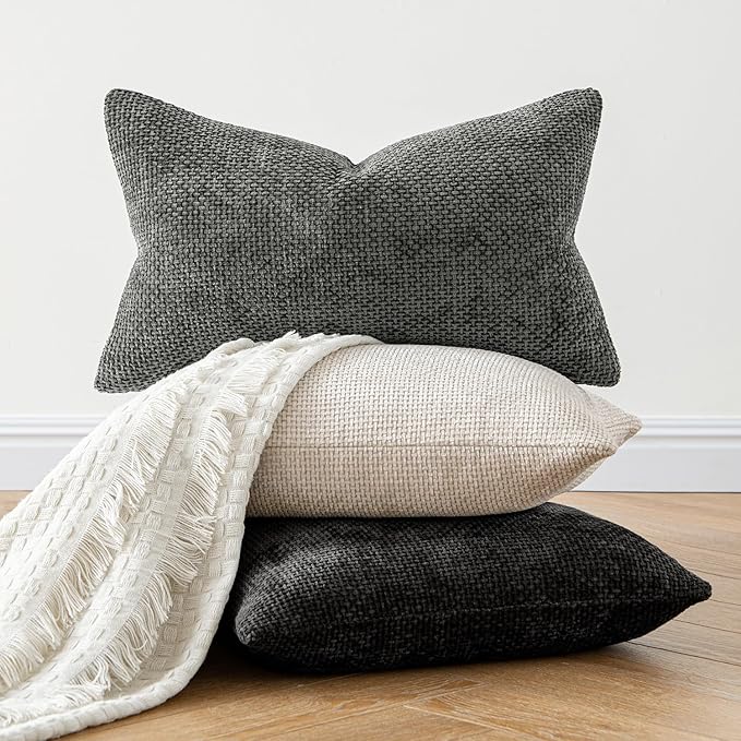 MIULEE Pack of 2 Lumbar Couch Throw Pillow Covers 20x12 Inch Neutral Beige Modern Boho Accent Decorative Pillow Covers Soft Chenille Farmhouse Cushion Covers for Home Decor Bed Sofa Living Room