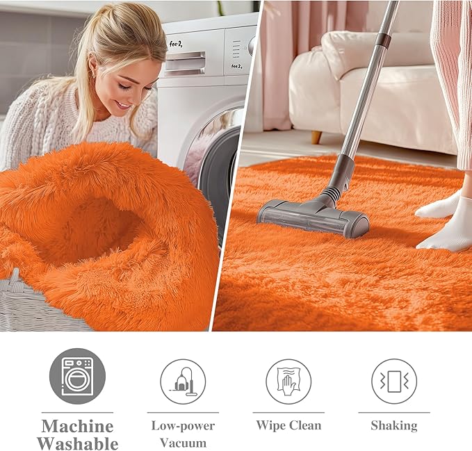 OLANLY Orange Round Rugs for Bedroom - Machine Washable, 4 ft Circle Area Rugs for Living Room, Soft and Fluffy Shaggy Carpet for Teen Girl and Boys, Nursery Rooms, Dorms, Home Decor Aesthetic