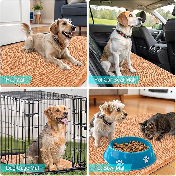 OLANLY Dog Door Mat for Muddy Paws 45x27, Absorbs Moisture and Dirt, Absorbent Non-Slip Washable Doormat, Quick Dry Chenille Mud Mat for Dogs, Entry Indoor Entryway Carpet for Inside Floor, Orange