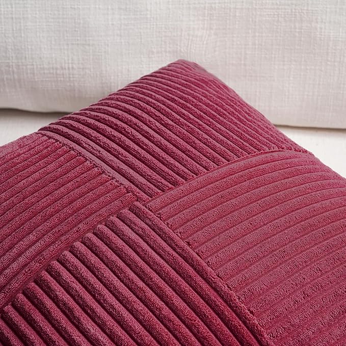 Fancy Homi 2 Packs Burgundy Big Decorative Throw Pillow Covers 24x24 Inch for Living Room Couch Bed Sofa, Rustic Farmhouse Boho Home Decor, Soft Corss Corduroy Patchwork Accent Cushion Case 60x60 cm