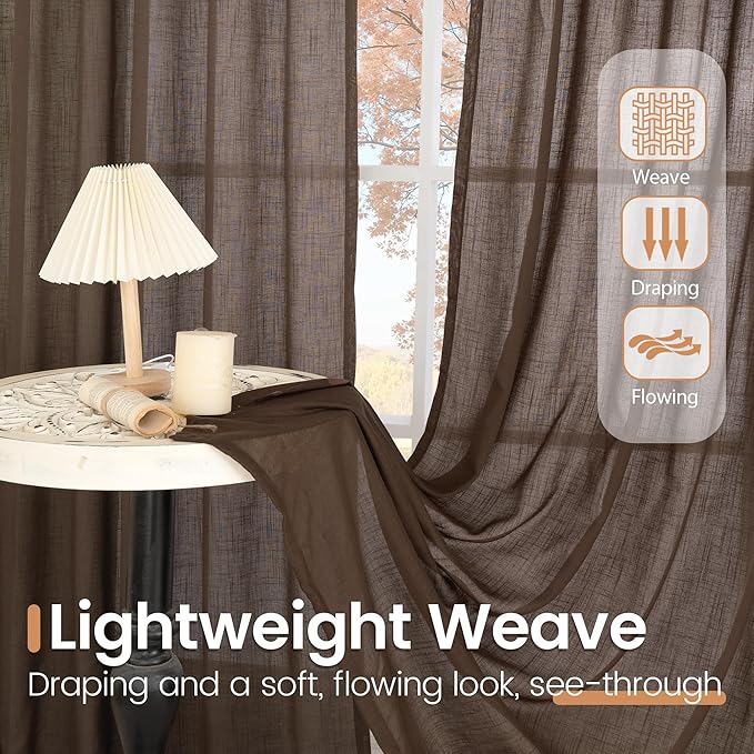 BGment Brown Linen Curtains 63 Inches Long for Bedroom Windows, Sheer Drapes Lightweight Rustic Country Textured for Farmhouse Living Room Decor Rod Pocket, 2 Panels Set, Each 42 Inch Wide