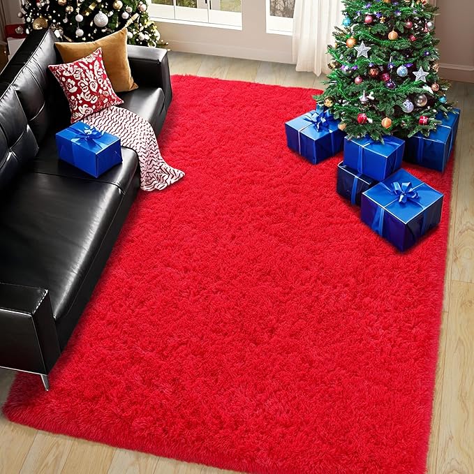 Pionblank Super Fluffy Area Rug for Living Room 5x7 Feet, Modern Indoor Shaggy Carpet, Soft Plush Non Slip Rugs for Bedroom Kids Room Teens Dorm Cloakroom Home Decor, Red