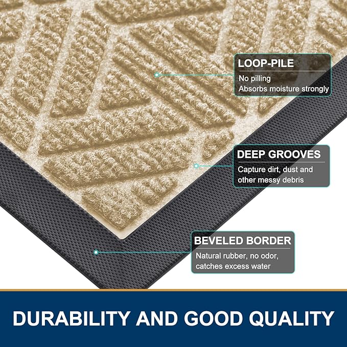 Smiry Front Door Mat Outside Entrance, Heavy Duty Sturdy Natural Rubber Doormat, Trap Dirt and Moisture, Easy Clean Low Profile Mats for Indoor Outdoor Entry, Grid Geometric (59x34, Beige)
