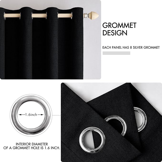 MIULEE Linen Texture Curtains for Bedroom Solid 100% Blackout Thermal Insulated Halloween Black Curtains Grommet Room Darkening Curtains/Draperies for Living Room Nursery 52x72 Inch (2 Panels)