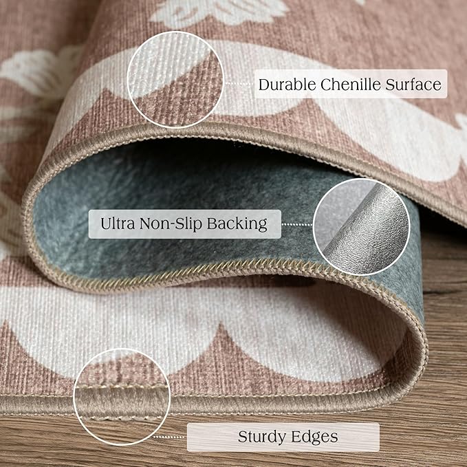 3x5 Floral Entry Rug - Small Washable Indoor Outdoor Mats for Front Door Non-Slip Porch Rug Tan Boho Neutral Farmhouse Throw Rugs for Living Room Bedroom Entryway Kitchen Office Porch Decor