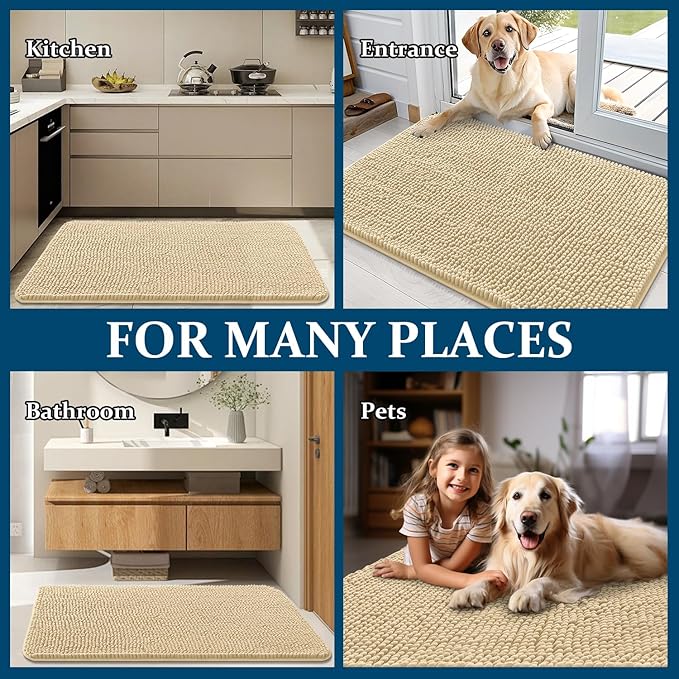 OLANLY Dog Door Mat for Muddy Paws 40x24, Absorbs Moisture and Dirt, Absorbent Non-Slip Washable Doormat, Quick Dry Chenille Mud Mat for Dogs, Entry Indoor Entryway Carpet for Inside Floor, Sand