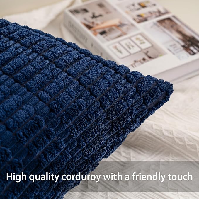 Pack of 2 Corduroy Decorative Throw Pillow Covers 20x20 InchSoft Boho Striped Pillow Covers Modern Farmhouse Home Decor for Sofa Living Room Couch Bed（Blue）