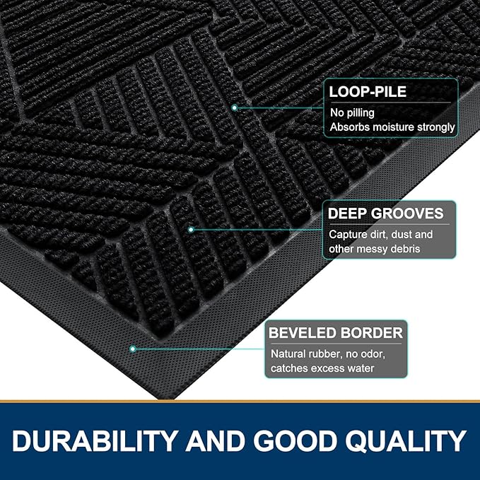 Smiry Front Door Mat Outside Entrance, Heavy Duty Sturdy Natural Rubber Doormat, Trap Dirt and Moisture, Easy Clean Low Profile Mats for Indoor Outdoor Entry, Irregular Triangle (71x47, Black)