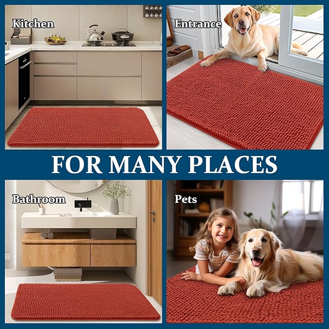 OLANLY Dog Door Mat for Muddy Paws 36x24, Absorbs Moisture and Dirt, Absorbent Non-Slip Washable Doormat, Quick Dry Chenille Mud Mat for Dogs, Entry Indoor Entryway Carpet for Inside Floor, Maple Red