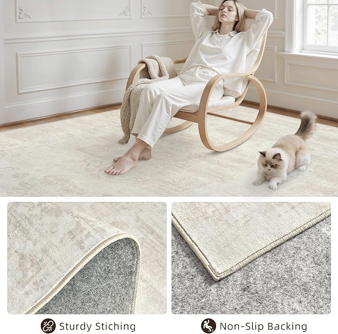 Area Rugs 9x12 Living Room: Vintage Boho Neutral Washable Rug Indoor Soft Large Area Rug Carpet for Bedroom Nursery Farmhouse Dining Room Office Floor Non-Slip Low Pile Under Table Rug Cream Beige
