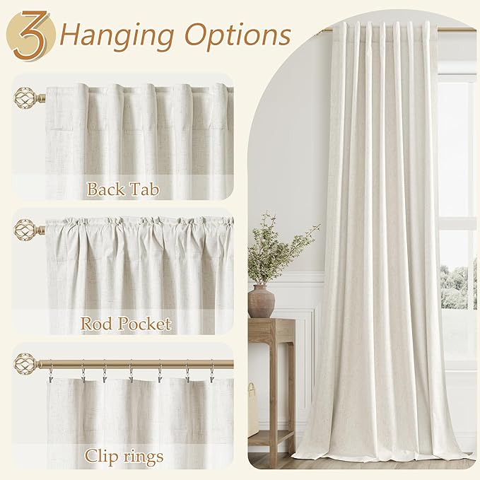 Guken Cream 100% Blackout Linen Curtains 108 Inch Length 2 Panels Set for Living Room Bedroom Back Tab Thermal Insulated Black Out Drapes Room Darkening Farmhouse Window Curtains 52x108