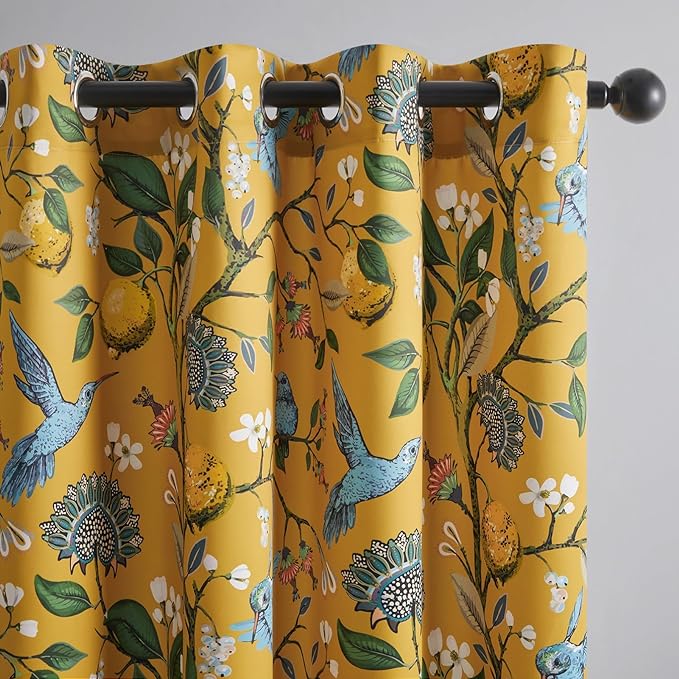 Topfinel Mustard Yellow Luxury Curtains 96 Inches Long for Living Room Bedroom, Blackout Vintage Art Deco Anthropologie Victorian Curtains Floral Lemon Hummingbird Printed Grommet Drape 96 Inch Length
