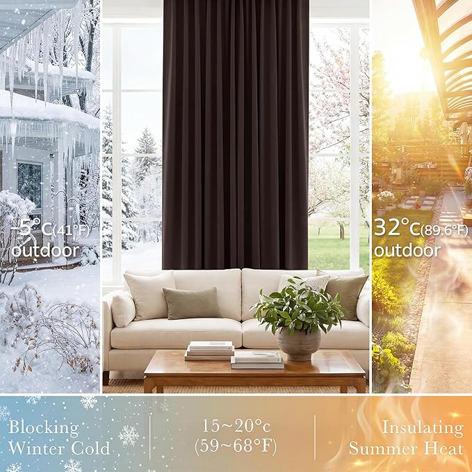 PONY DANCE Window Treatments Curtains - Blackout Drapery Thermal Insulated Curtain Panels with Back Tab Light Block for Bedroom Bathroom/Kitchen, 52 x 54 Inches, Brown, 2 Pieces