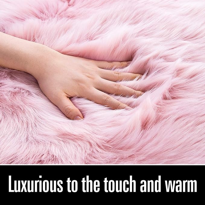 LOCHAS Soft Fluffy Faux Fur Rugs for Bedroom Bedside Rug 2x3 Feet, Washable, Furry Sheepskin Area Rug for Living Room Girls Room, Luxury Shag Carpet Home Decor, Pink