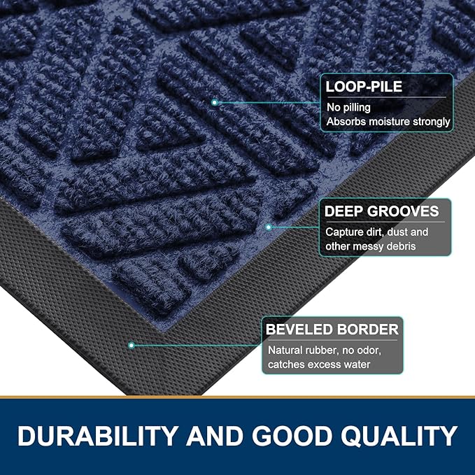 Smiry Front Door Mat Outside Entrance, Heavy Duty Sturdy Natural Rubber Doormat, Trap Dirt and Moisture, Easy Clean Low Profile Mats for Indoor Outdoor Entry, Grid Geometric (59x23, Navy Blue)