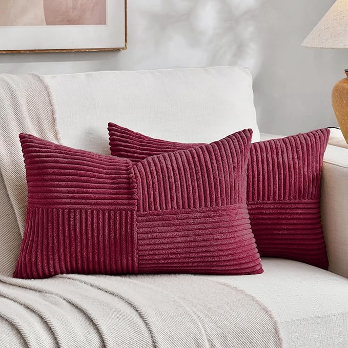 Fancy Homi 2 Packs Burgundy Long Lumbar Decorative Throw Pillow Covers 16x24 Inch for Couch Bed Sofa, Rustic Farmhouse Boho Home Decor, Soft Striped Corduroy Rectangle Accent Cushion Case 40x60 cm