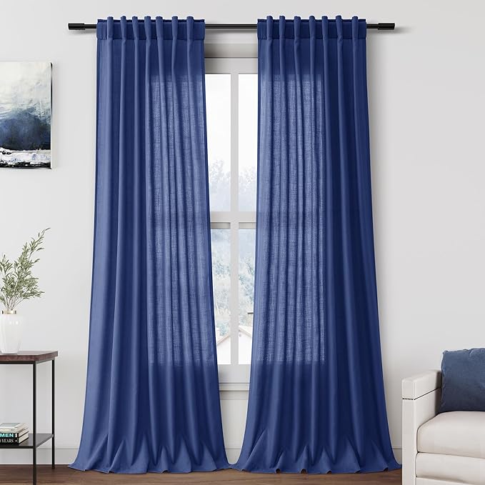 Extra Long Classic Blue Linen Curtains 120 Inch for Living Room 2 Panels Set Rod Pocket Back Tab Light Filtering Semi Sheer Linen Window Drapes Privacy High Ceiling Drapes for Farmhouse 52x120