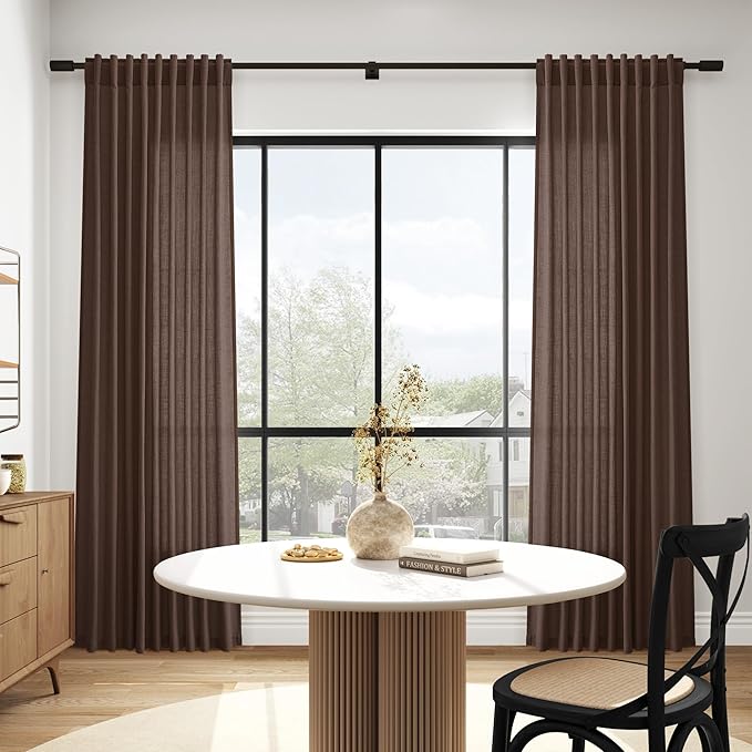 Cappuccino Linen Curtains 90 Inch Long 2 Panels Set for Bedroom Living Room, Soft Linen Textured Window Drapes Semi Sheer Light Filtering Rod Pocket Back Tab Morden Style 52x90
