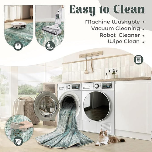 5x7 Area Rugs for Living Room, Washable Modern Abstract Large Area Rug Neutral Soft Non Slip Kids Rug Stain Resistant Indoor Carpet for Bedroom Nursery Dining Room Playroom(Green, 5'x7')