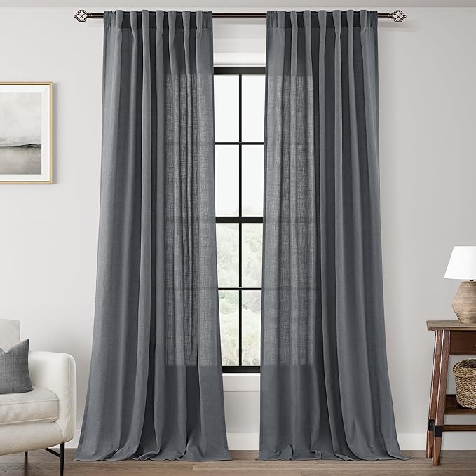 Dark Gray Curtains for Living Room Back Tab Modern Farmhouse Semi Sheer Gray Curtains 120 inches Long 2 Panels Set Muted Neutral Window Curtain for Dining Room Bedroom 52x120