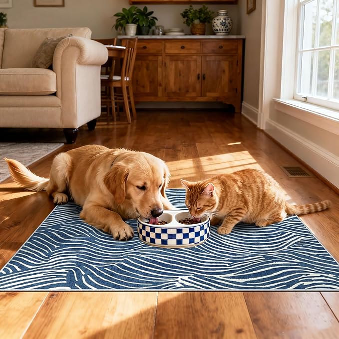 Modern Outdoor Rug - 28" x 43" Front Door Mat Indoor Outside Entrance Non-Slip Washable Outdoor Mat Navy Blue White Ocean Waves Rug for Entryway Kitchen Bedroom Layered Doormat for Front Porch