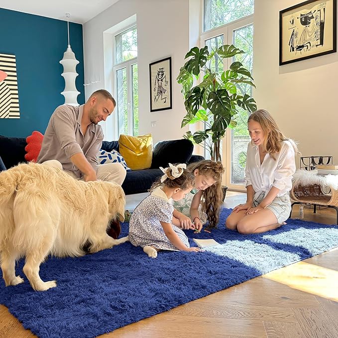 OLANLY 3x6 Machine Washable Runner Rugs for Hallway, Soft Fluffy Shaggy Bedside Rugs for Bedroom, Living Room, Indoor Floor Carpet for Kids Girls and Boys, Nursery Rooms, Home Decor, Navy Blue