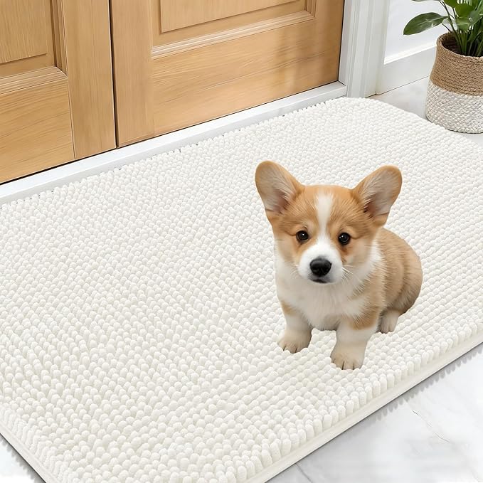 OLANLY Dog Door Mat for Muddy Paws 30x17, Absorbs Moisture and Dirt, Absorbent Non-Slip Washable Doormat, Quick Dry Chenille Mud Mat for Dogs, Entry Indoor Entryway Carpet for Inside Floor, Ivory